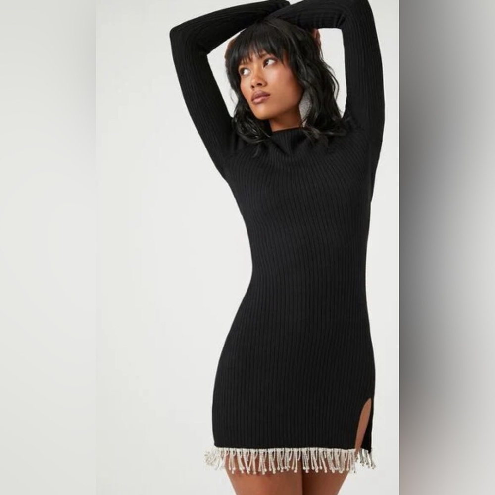 Ribbed Sweater dress rhinestone fringe trim hem nwot - Picture 2 of 5